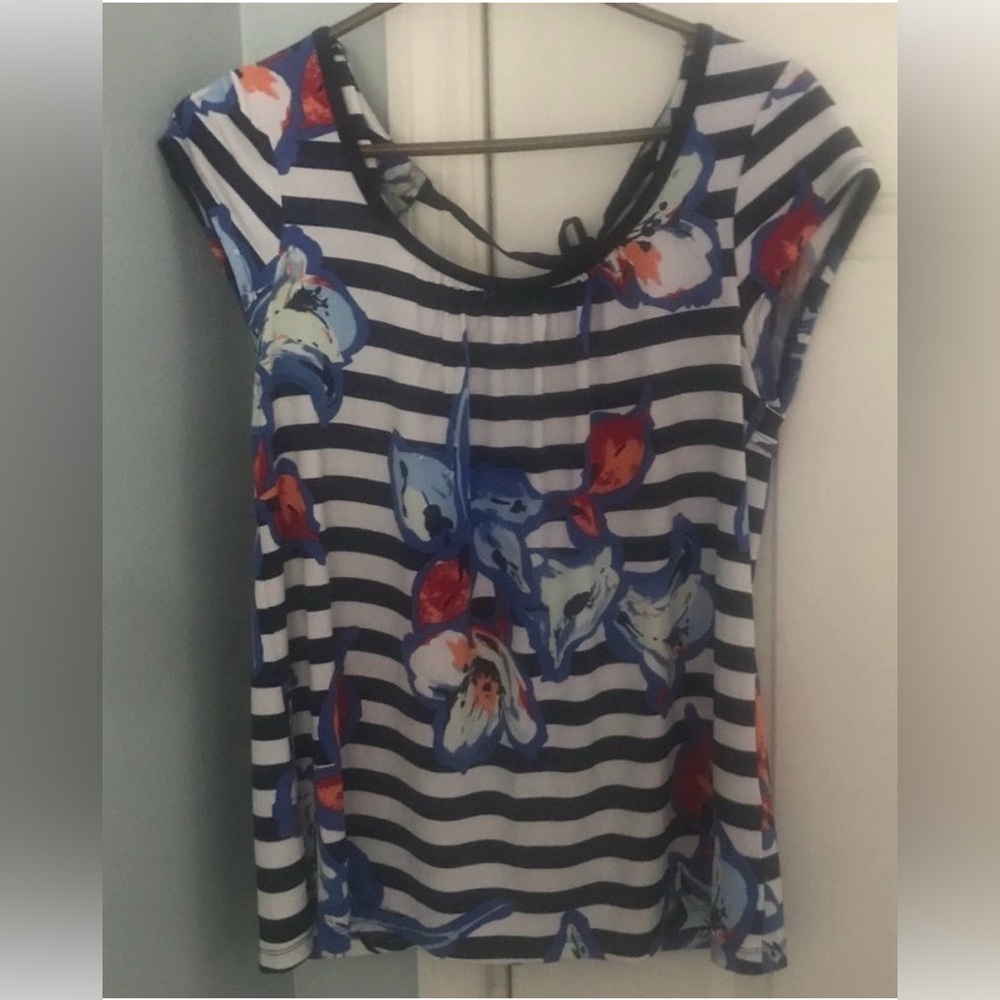 Cynthia Rowley Navy and Red Floral Striped Blouse